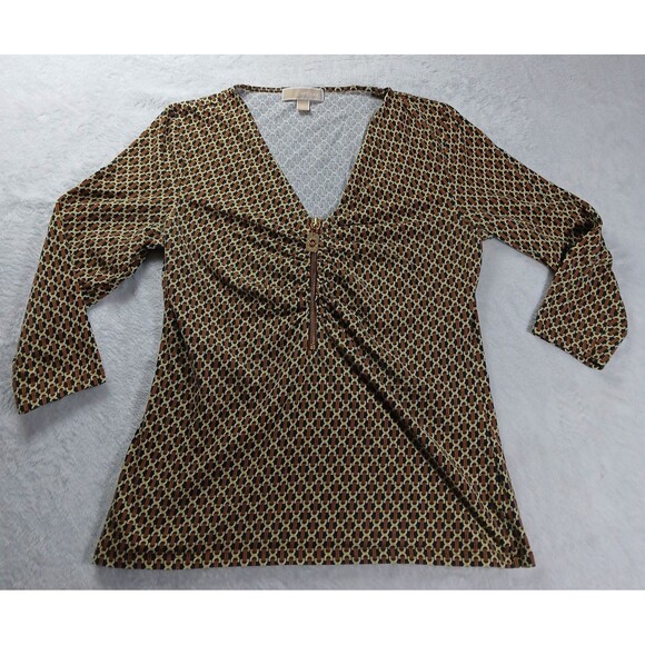 Michael Michael Kors Womens L Geometric Print V-Neck Zip Front 3/4 Sleeve Top - Picture 1 of 6